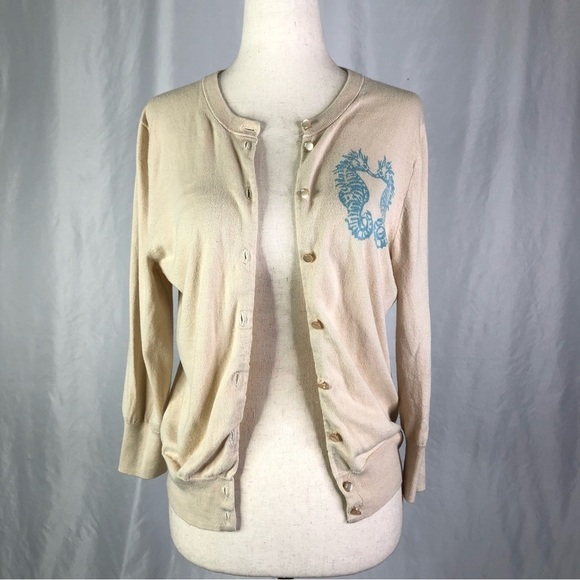 J. Crew Factory The Clare Cardigan seahorses ecru aqua S - Picture 1 of 8